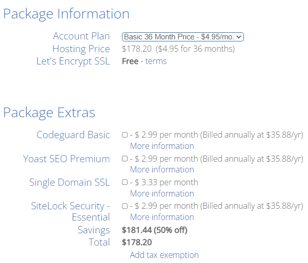 Bluehost optional items