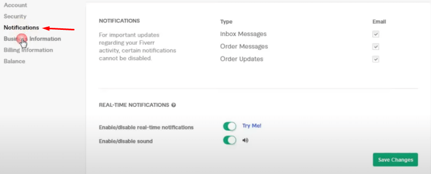 Edit Fiverr notification settings